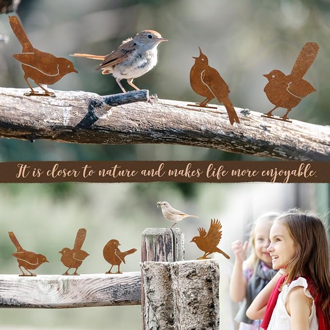 5PCS Rusty Birds Decoration,Outdoor Bird Wall Decor,Metal Birds Yard Decor, Metal Birds Craft Statue Ornaments - Garden Sculptures and Yard Art, Fence Decorations Outdoor,Rustic Garden Decor