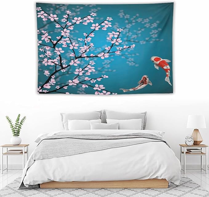 Houselerax Japanese Koi Fish Tapestry, Cherry Blossoms Asian Oriental Green Teal Flower Branch Koi Fish Carp Tapestries Wall Hanging for Bedroom Living Room Office Decor 60"x40"