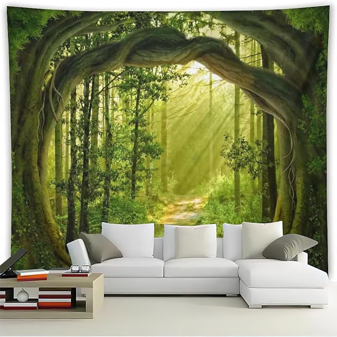 FENDROM Enchanted Forest Tapestry Nature Sunshine Lanscape Green Tree Cave Tapestries Wall Hanging For Living Room Bedroom Home Decorations