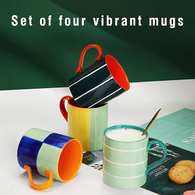 Koja Colorful Hand Painted 16 oz. Porcelain Ceramic Mugs Set. Service for 4.