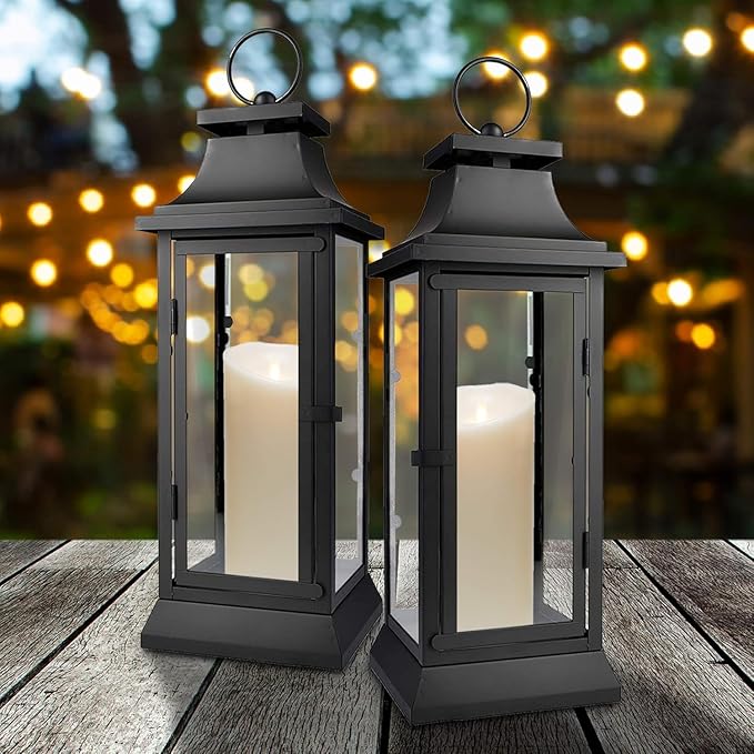 Serene Spaces Living Black Metal Hurricane Lantern with Clear Glass Panels – Hanging or Tabletop Decorative Lantern for Indoor & Outdoor – Weddings, Parties, Home Decor, 20" Tall & 7.75" Square
