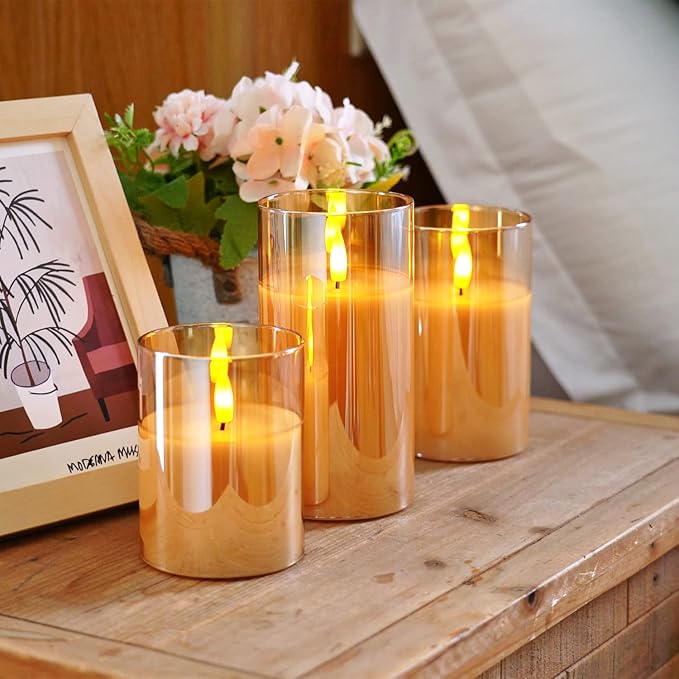 Homemory Amber Glass Flameless Candles, Battery Operated LED Pillar Candles with Remote Control and Timer, Radiance Candles, Real Wax, Set of 3,D3 xH4 5" 6"