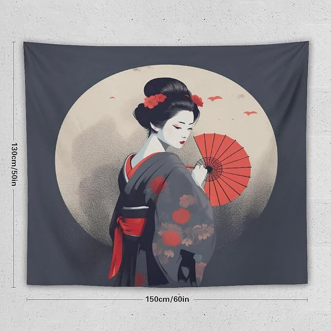Japanese Woman Geisha Tapestry Asian Red Cherry Blossom Red Sun Traditional Kimono Folk Tapestries Home Decor for Living Room Bedroom Apartment Farmhouse Dorm 60"x50"