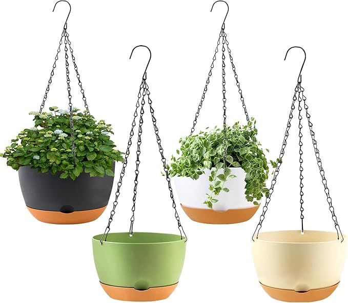 4 Pack Hanging Planter for Plants Indoor,8 Inch Plant Pot Outdoor Plastic Hanging Baskets with Drainage Holes and Chain for Garden Porch Plants(White+Black+Green+Beige)