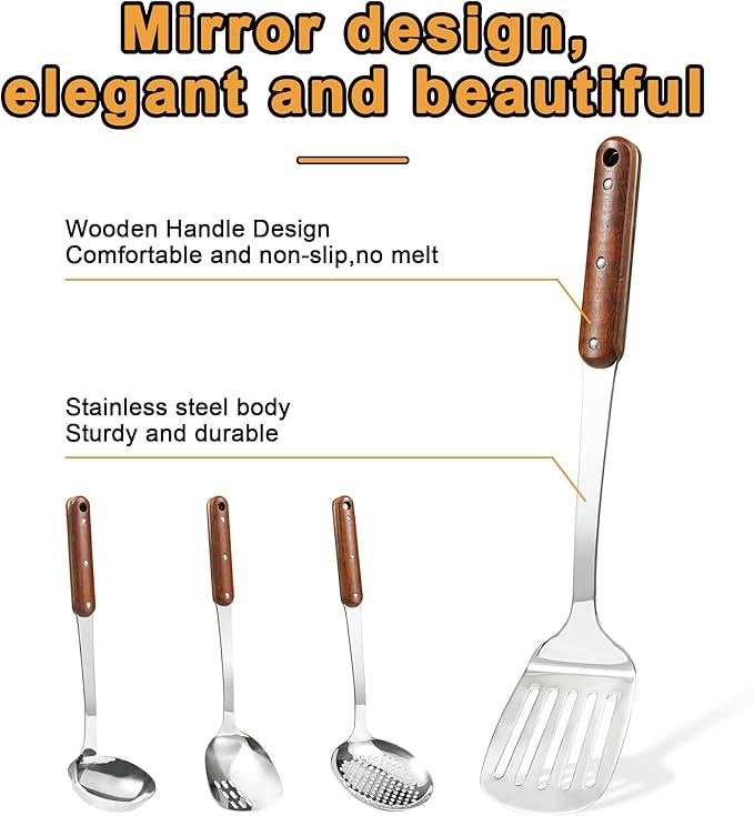 FJNATINH Stainless Steel Wok Spatula,Slotted Spatulas,Ladle,Skimmer Ladle Tool Set,Mirror Polished Cooking Utensils Kitchen Cookware, Pack of 4,Sliver