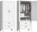 71'' Farmhouse Metal Wardrobe Cabinet with Hanging Rod, 2 Barn Door Wardrobe Closet with Adjustable Shelves,2 Drawer,for Dining Room,Bedroom,Living Room, Cloak Room,Office (White)