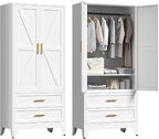 71'' Farmhouse Metal Wardrobe Cabinet with Hanging Rod, 2 Barn Door Wardrobe Closet with Adjustable Shelves,2 Drawer,for Dining Room,Bedroom,Living Room, Cloak Room,Office (White)
