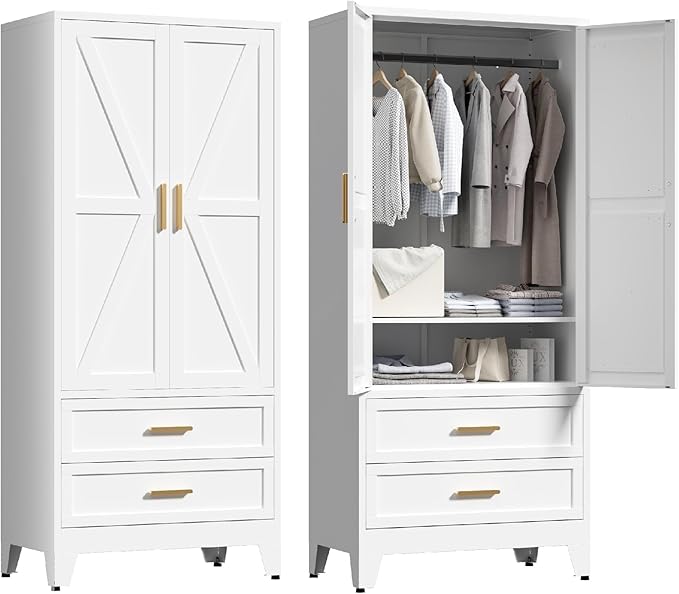 71'' Farmhouse Metal Wardrobe Cabinet with Hanging Rod, 2 Barn Door Wardrobe Closet with Adjustable Shelves,2 Drawer,for Dining Room,Bedroom,Living Room, Cloak Room,Office (White)