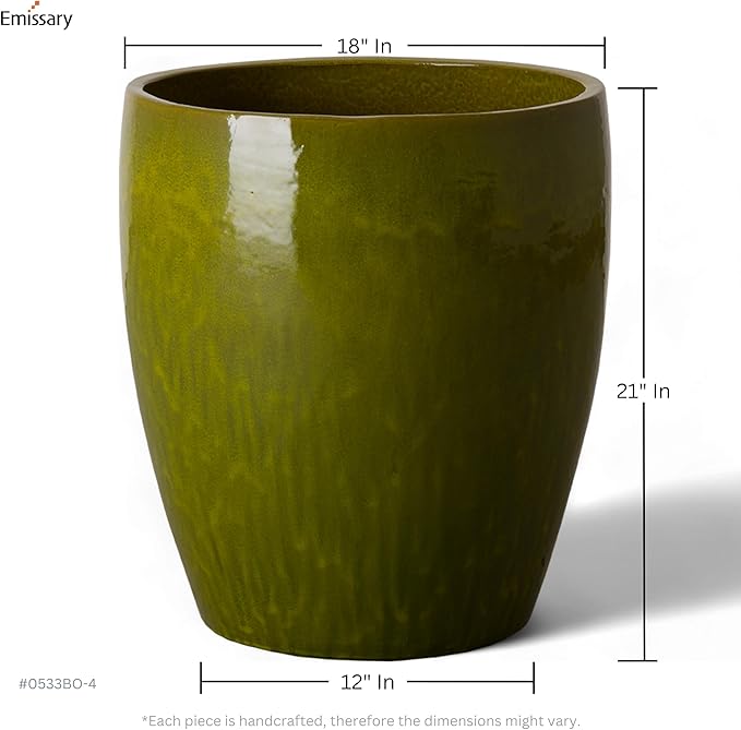 Emissary Bullet 18 in. Green Ceramic Round Planter (18 in. L x 18 in. W x 21 in. H) with Drainage Hole