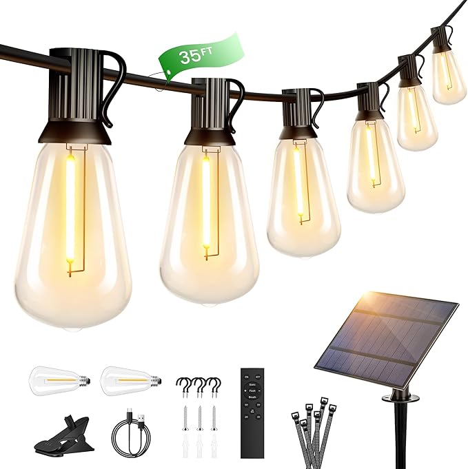 OHLUX 35FT Solar Globe String Lights Outdoor, Waterproof Solar Patio Lights with Remote, 17 Shatterproof ST38 LED Filament Bulbs, 2200K Soft White, Dimmable Edison Hanging Lights for Gazebo, Deck