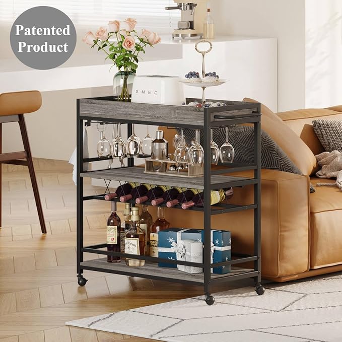 BON AUGURE Bar Cart, Home Bar Serving Cart on Wheels, Mobile 3 Tier Liquor Beverage Carts with Wine Rack and Glass Holder (Grey Oak)