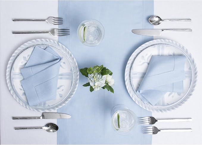 Solino Home Linen Sky Blue Table Runner 156 Inches Long - 100% Pure Linen Extra Long Table Runner 14 x 156 Inch - Classic Hemstitch