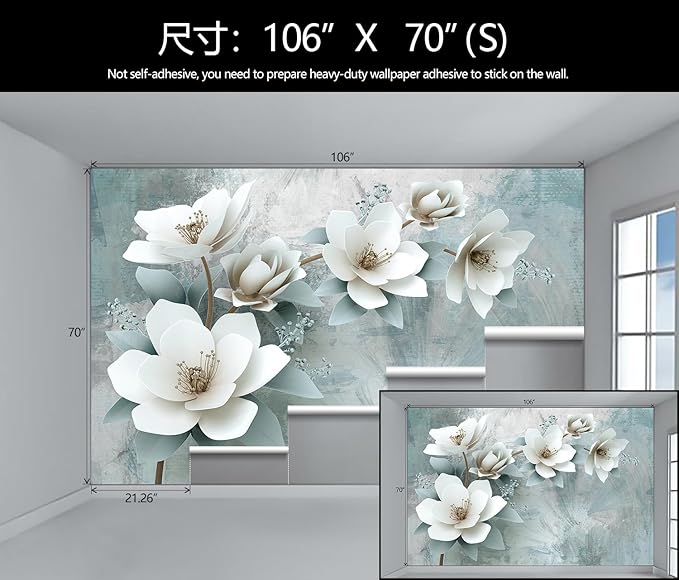 WFBHUA-Green Floral Wallpaper Mural Modern Large 3D Art Flower Wallpaper for Living Room Bedroom Bathroom Wall Mural(Not Peel and Stick)
