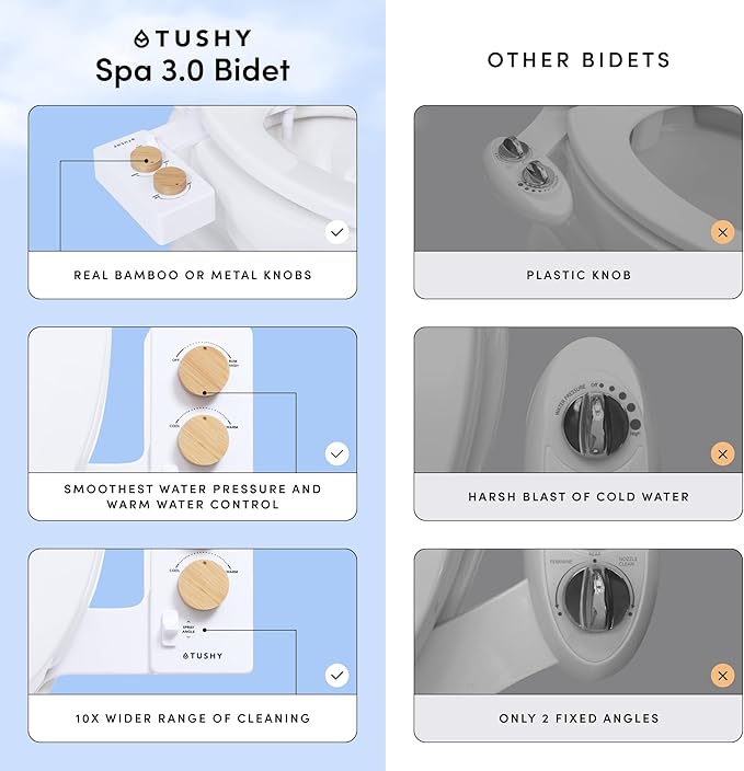 TUSHY 3.0 Spa Bidet Attachment. Cool to Warm Water. It's Time to Replace Toilet Paper, Fresh Water Spray (Requires Sink Access for Optional Temperature Control), Bamboo