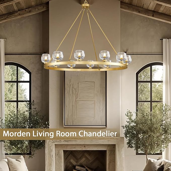 Gold Wagon Wheel Chandelier, 48 Inch Brass Chandeliers with Unique Glass Shade, 12-Light Crystal Large Wagon Wheel Chandeliers for Dining Room, High Ceiling Round Chandelier for Living Room, Foyer