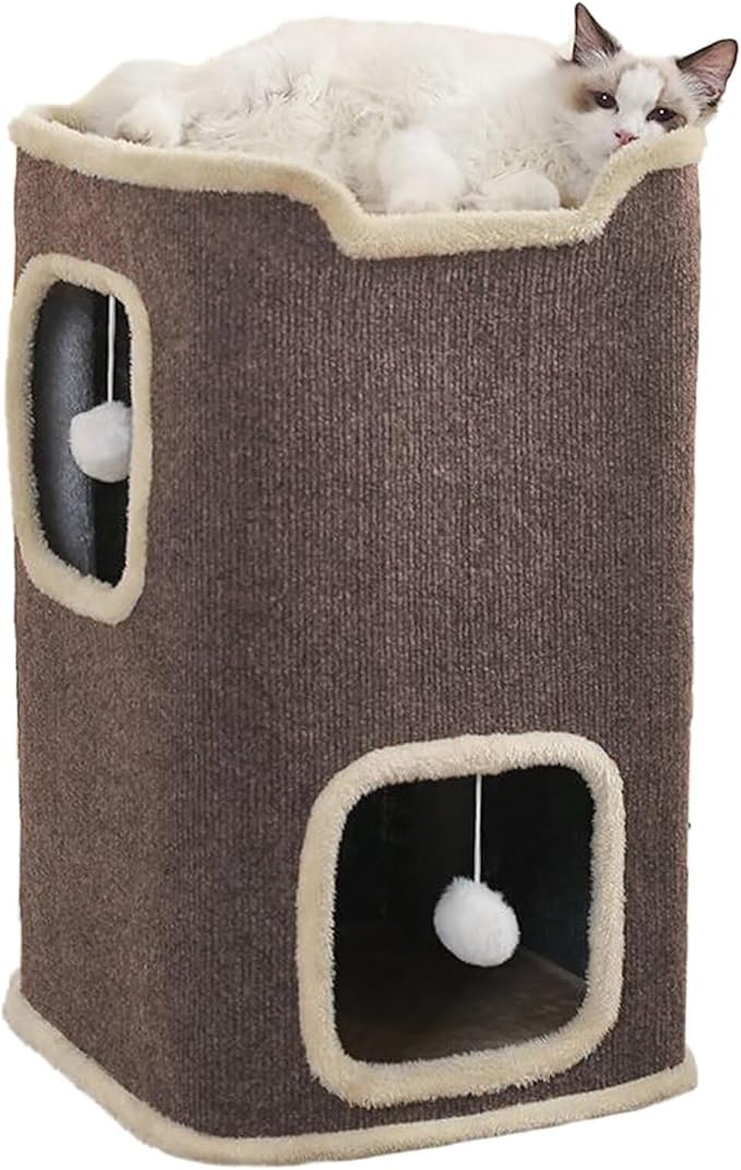 Empet Cat House for Indoor Cats Beds, Multi-Level Cat Condo, Foldable Cave Bed Brown, 2L