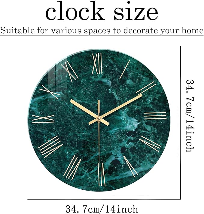 Teal Wall Clock Battery Operated 14 Inch Modern Abstract Clocks for Living Room Decor Marble Pattern Glass Analog Wall Clock Silent
