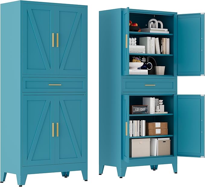 71 "Farmhouse Metal Filing Cabinet with a Drawer and 4 Adjustable Shelves, with 4 Large barn Door White Kitchen Cabinets, Metal Food Cabinets for Home, Kitchen, Dining/Living Room (Peacock Blue)