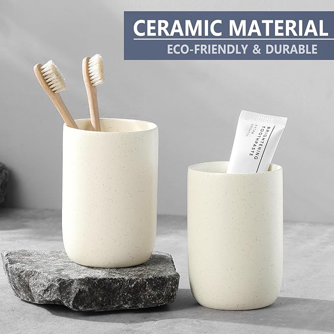 Toothbrush Holder for Bathrooms - 1 Cup Ceramic Toothbrush Toothpaste Holder, Beige Bathroom Tumbler Cup Reusable Toothbrush Mouthwash Cup, Bathroom Counter Organizer