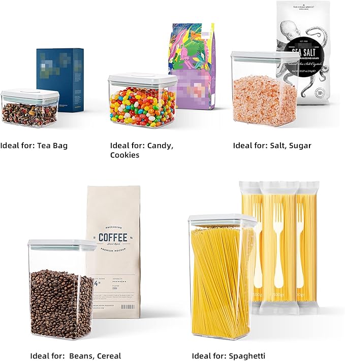 Pop Up Lid Food Storage Containers, Clear Storage Containers for Pantry Airtight Kitchen Containers Storage Set - 5 Pack for Cereal, Flour and Sugar, 3.5Qt, 2.9Qt, 2.1Qt, 1.3Qt, 0.6Qt