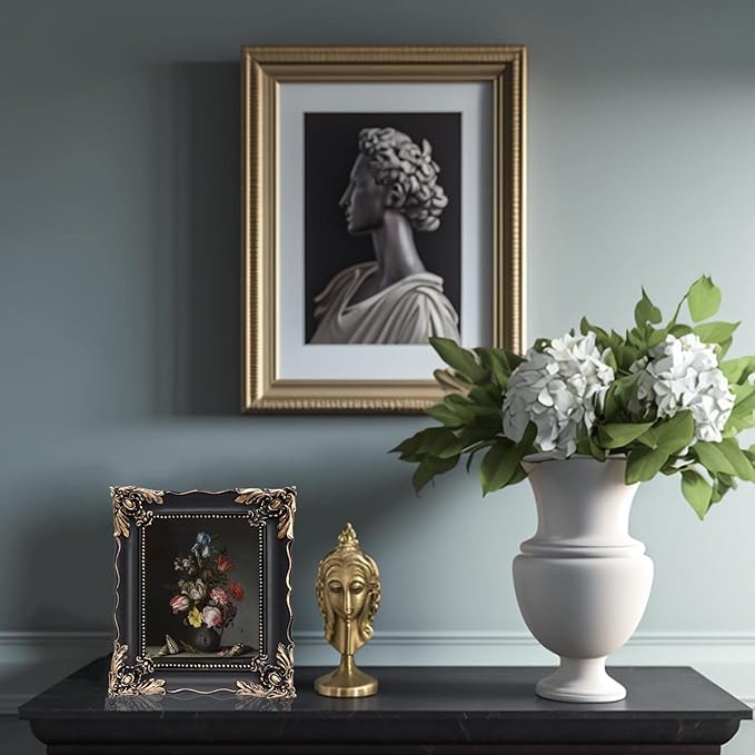 5x7 Vintage Picture Frame with Embossed Flower Design, Black Ornate Frame for 5x7 Pictures, Hand-Crafted Resin Antique Frames for Tabletop & Wall Hanging, Home Decor (Black)