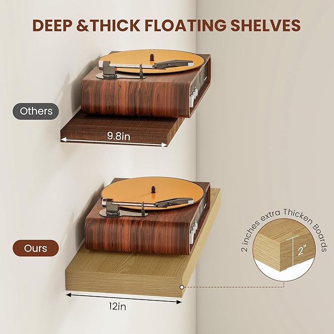 12 Inch Deep Floating Shelves 24 inch Long, 24 x 12 Wide Wall Shelves with Invisible Brackets, Heavy Duty Shelf for Bedroom Bathroom Living Room Kitchen Office Home Decor, Modern Shelf Set of 2, Oak
