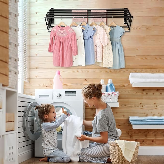 XL-31.5'' Wall Mounted Clothes Drying Rack, 130 lbs Large Capacity Rustproof Retractable Collapsible Drying Rack Easy Install with 7 Drying Rods, Space Saving Towel Clothes Rack for Laundry-Black