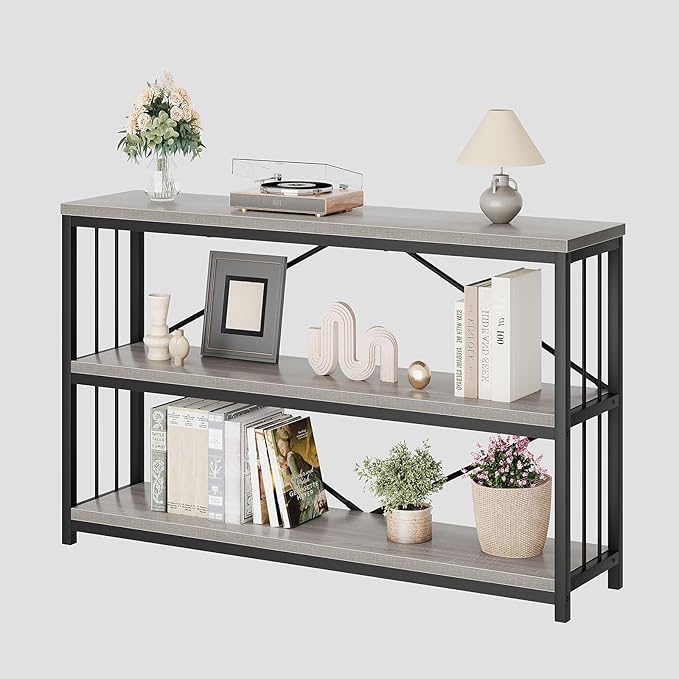 LVB Farmhouse Entryway Table, Metal Wood Console Table for Hallway, Industrial Rustic Sofa Table with 3-Tier Storage Shelf, Modern Entry Table for Foyer Front Home Living Room, Light Grey Oak, 47 inch