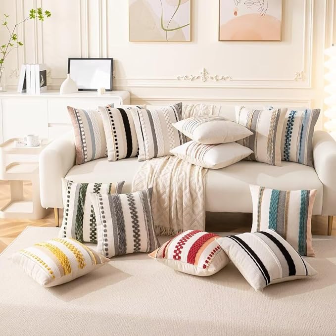 Boho Throw Pillow Covers 18x18 Set of 2 Farmhouse Decorative Cushion Case Striped Square Pillows Cover Chenille Pillow Cases Accent Neutral Pillowcase for Sofa Couch Bed,Blue