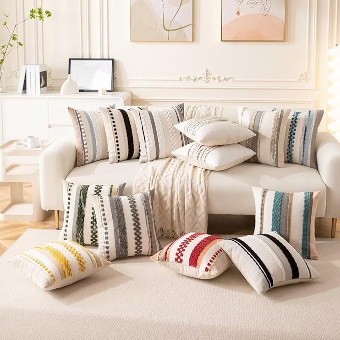 Boho Throw Pillow Covers 18x18 Set of 2 Farmhouse Decorative Cushion Case Striped Square Pillows Cover Chenille Pillow Cases Accent Neutral Pillowcase for Sofa Couch Bed,Black and White