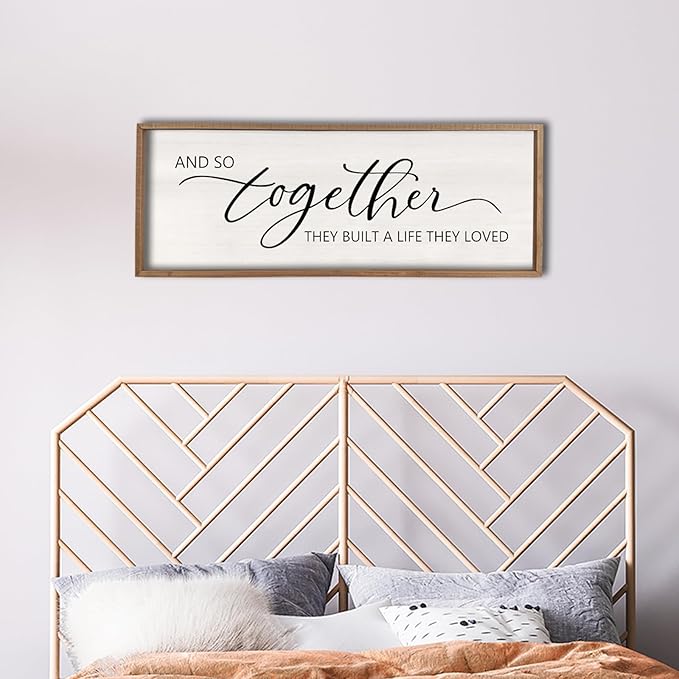 And So Together They Built A Life They Loved Framed Wood Farmhouse Sign - 32'X12' Master Bedroom Above Bed Wall Art for Love Sign Decor