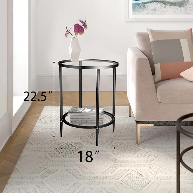 2 Tier Round Side Table, Black End Table with Glass Top, Modern Metal Clear Coffee Table，Small Accent Table for Living Room, Bedroom, 18" x 18" x 24"