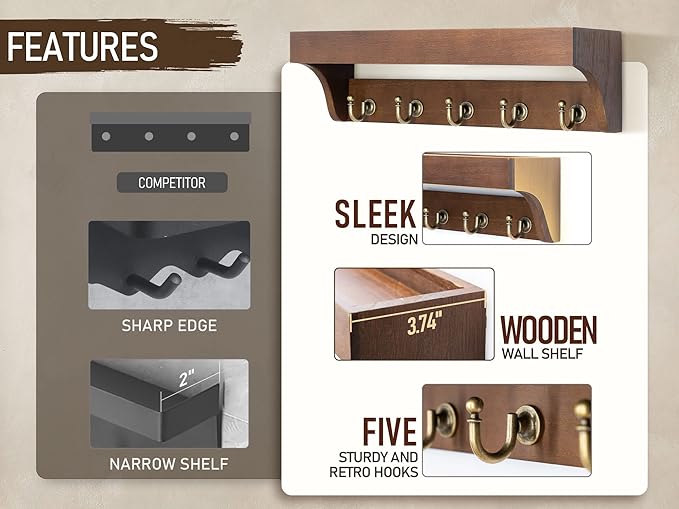 Rebee Vision Farmhouse Key Holder for Wall - Decorative Wooden Mail Organizer with 5 Rustic Key Hooks and Floating Shelf for Home Decor, Hallway, Entryway, Appartment (Retro Brown)