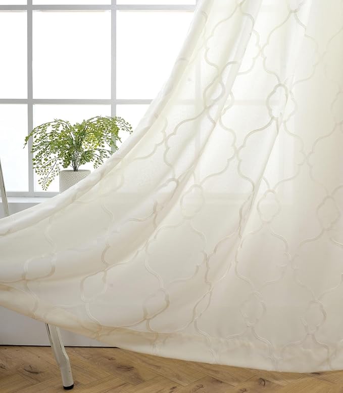 MIUCO Moroccan Embroidered Semi Sheer Curtains Faux Linen Grommet Curtain Panels for Living Room 52 x 95 Inch 1 Pair, Off White