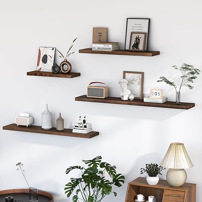 Fun Memories Floating Shelves for Wall, 48"x9.3" Rustic Solid Elm Wood Wall Shelves, Heavy-Duty Mounted Shelves with Invisible Brackets, Set of 2 for Living Room, Bedroom, Kitchen, Walnut Finish