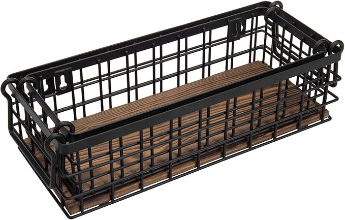 MyGift Set of 2 Wire Baskets for Pantry, Wall Mounted or Tabletop Black Metal Baskets for Organizing with Burnt Wood Base and Handles
