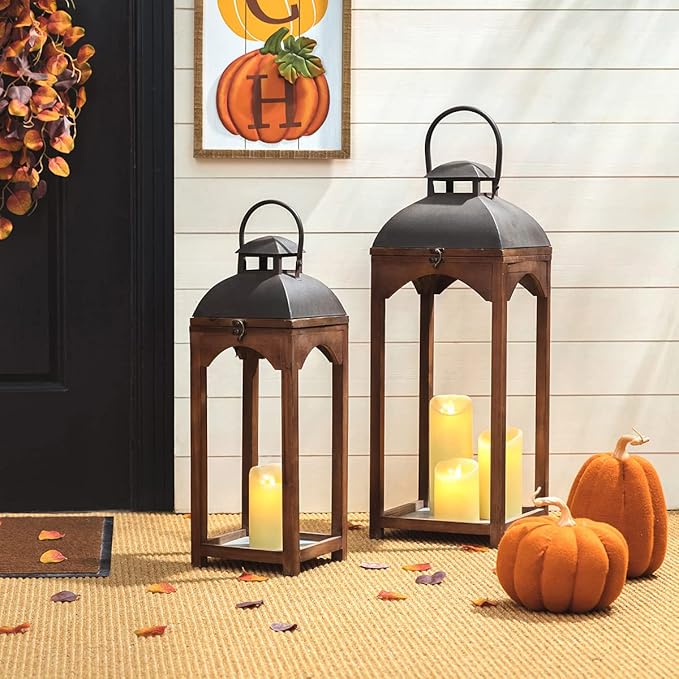 Glitzhome Set of 2 Mondern Farmhouse Wooden Lantern Hanging Decorative Candle Lanterns for Outdoor & Indoor Brown (No Glass)