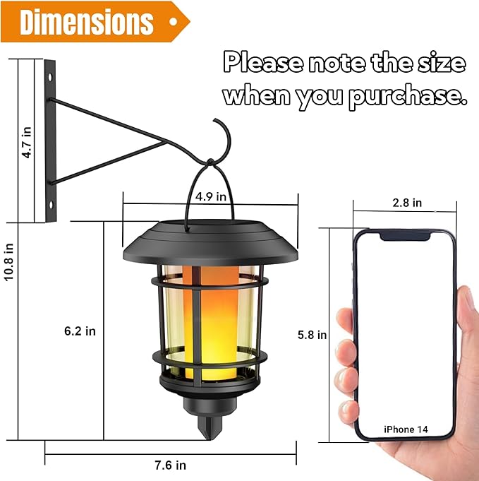 Dynaming 4 Pack Solar Flame Wall Lanterns Outdoor, Solar Powered Wall Mounted Sconce Lights, Flickering Flame LED Light Auto On/Off Hanging Lights, Waterproof for Garage Stair Patio Porch Yard