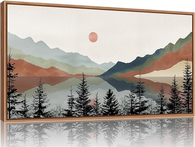 Tinonedraw Boho Mountain Framed Canvas Wall Art Set, Watercolor Nature Landscape Wall Decor, Neutral Modern Sunrise Artwork, Black Pine Trees Forest Art Prints for Living Room Bedroom Office 20"x40"