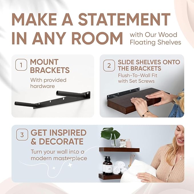 Homeforia Walnut 18 inch Floating Shelf, High End Solid Real Wood 18inch Floating Shelves for Wall Mounted, Dark Brown 18 inches Long Floating Shelves, Heavy Duty Bracket, 18 X 6.5 X 1.75 in, Set of 4