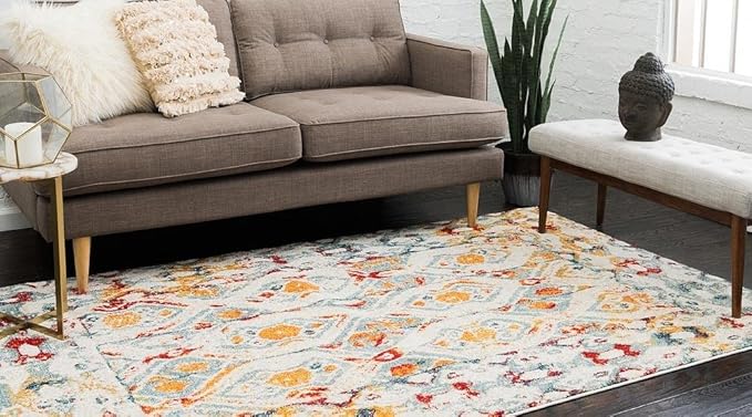 Unique Loom Rosso Collection Vintage, Geometric, Bohemian, Traditional, Distressed, Southwestern Area Rug, 5' 0" x 8' 0", Multi/Ivory