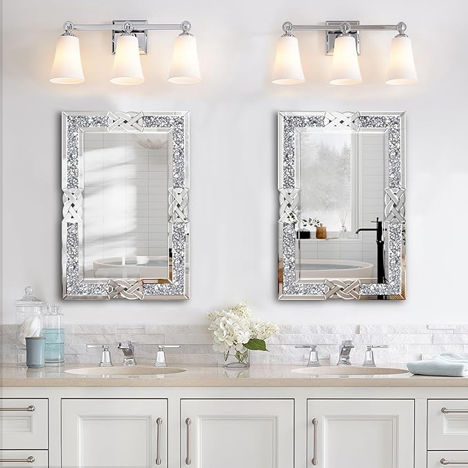 Crushed Diamond Decorative Wall Mirrors, 24x36 Inch Rectangle Living Room Mirrors for Wall Decor, Modern Glam Bathroom Dining Room Entryway Mirror Silver