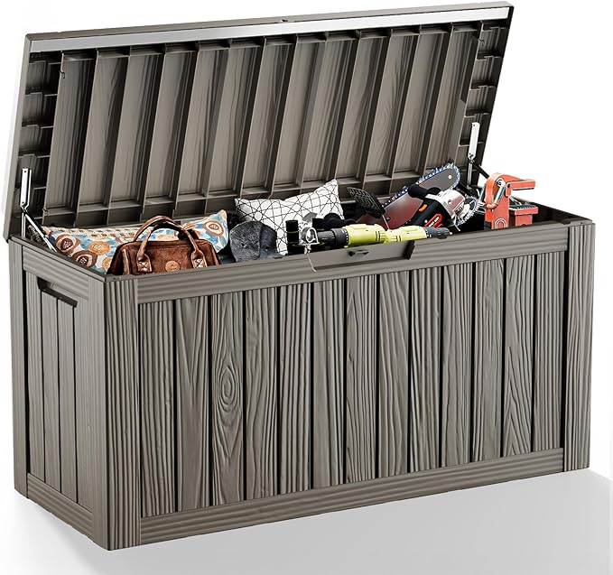 81 Gallon Outdoor Storage Box Waterproof, UV Resistant Resin Deck Box with Hydraulic Rod, Lockable Design and Enhanced Durability for Patio, Garden, and Poolside Use
