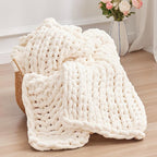 Chunky Knit Throw Blanket, 80''*90'' Knitted Throw Chenille Yarn for Bed Couch, Handmade Cream Crochet Big Thick Blanket, Machine Washable Cute Comfy Blanket for Home Decor