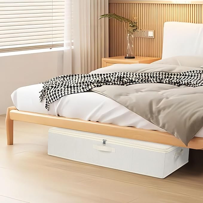 Under the Bed Storage Bins, Closet Organizers with Reinforced Handles for Blanket, Sheets, Pillows, Towels, Shoes, Beige, 1 Pack, 23.6 x 11.8 x 5.9 Inch