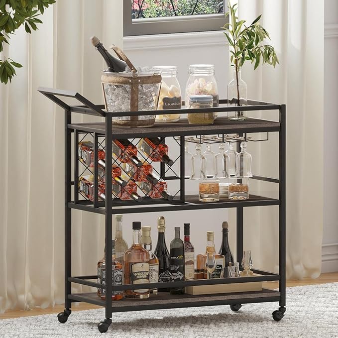 FATORRI Bar Cart for The Home with Wine Rack and Glasses Holder, Small Home Bar Serving Cart on Wheels for Liquor and Alcohol (Walnut Brown)
