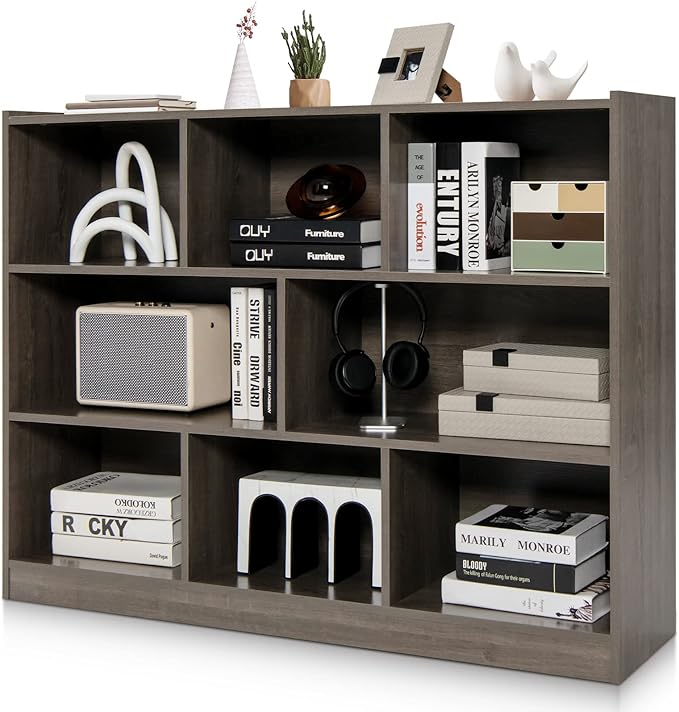 Tangkula 8-Cube Bookcase, Wood 3 Tier Open Storage Bookshelf, Modern Multipurpose Display Cabinet for Living Room, Study, Reading Nook, 48 x 12.5 x 36.5 Inch, Grey