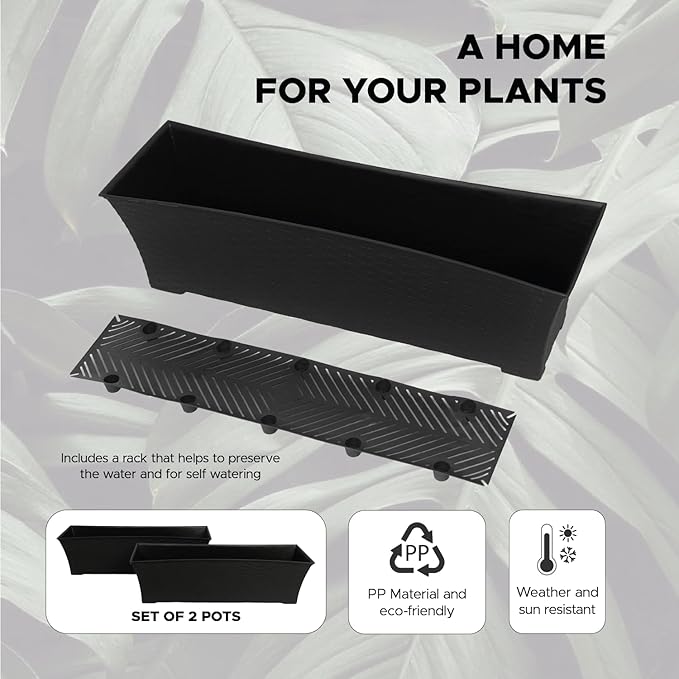 Elly Décor Set of 2 24x8 Rectangular Modern, Resistant and Self Watering Planter with Rattan-Like Finish, 24", Gray