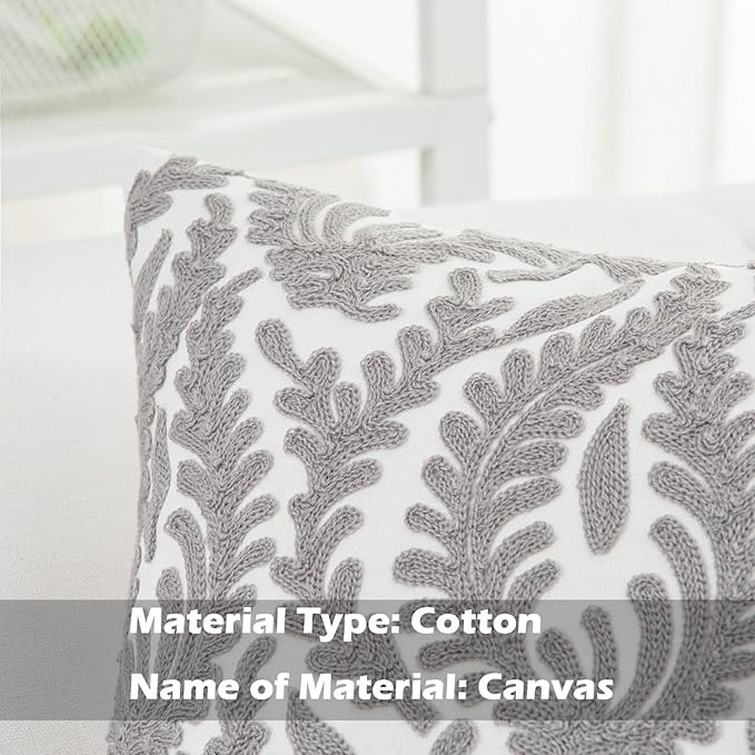 HWY 50 Grey Gray Decorative Throw Pillow Covers 18x18 Inch (1 Piece), Embroidered Cotton Farmhouse Cushion Cover Pillow Case for Sofa Couch Living Room Bed Bedroon, Floral Branches