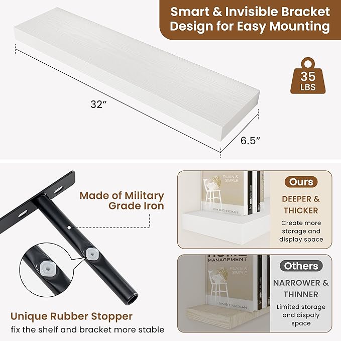 fuqing Floating Shelves for Wall, Bathroom Shelf Wall Mounted for Storage, Shelves with Invisible Bracket for Bedroom, Kitchen, Living Room, Farmhouse Small Book Shelf, 32 Inch Set of 2, White